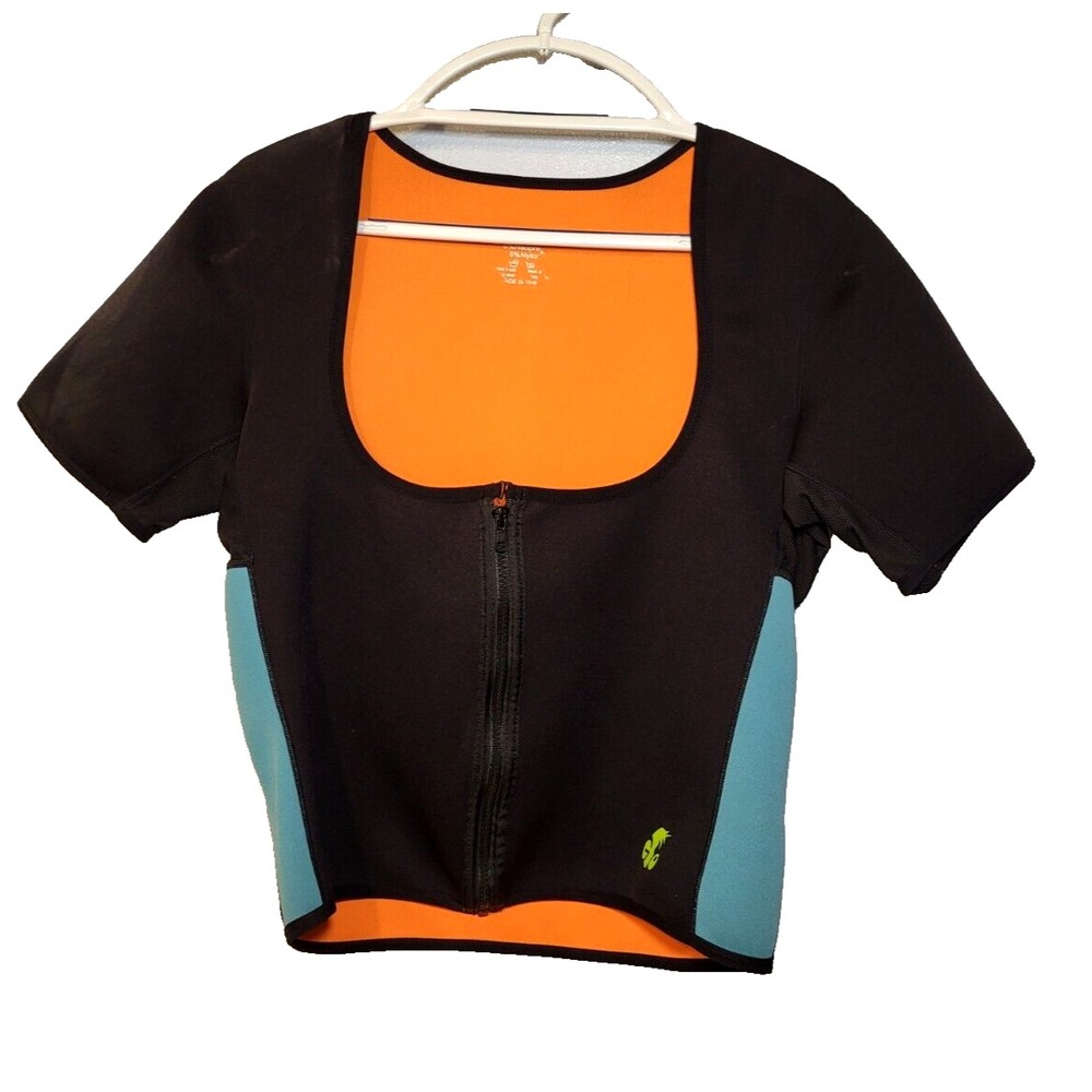 ECO Sauna Sweat Top Zip Front Underbust Black BlueShort Sleeve Size Large‎